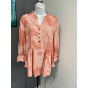 Coral Bay Women's Large‎ Peach Embroidered Sequin Top V Neck 3/4 Sleeve Stretch